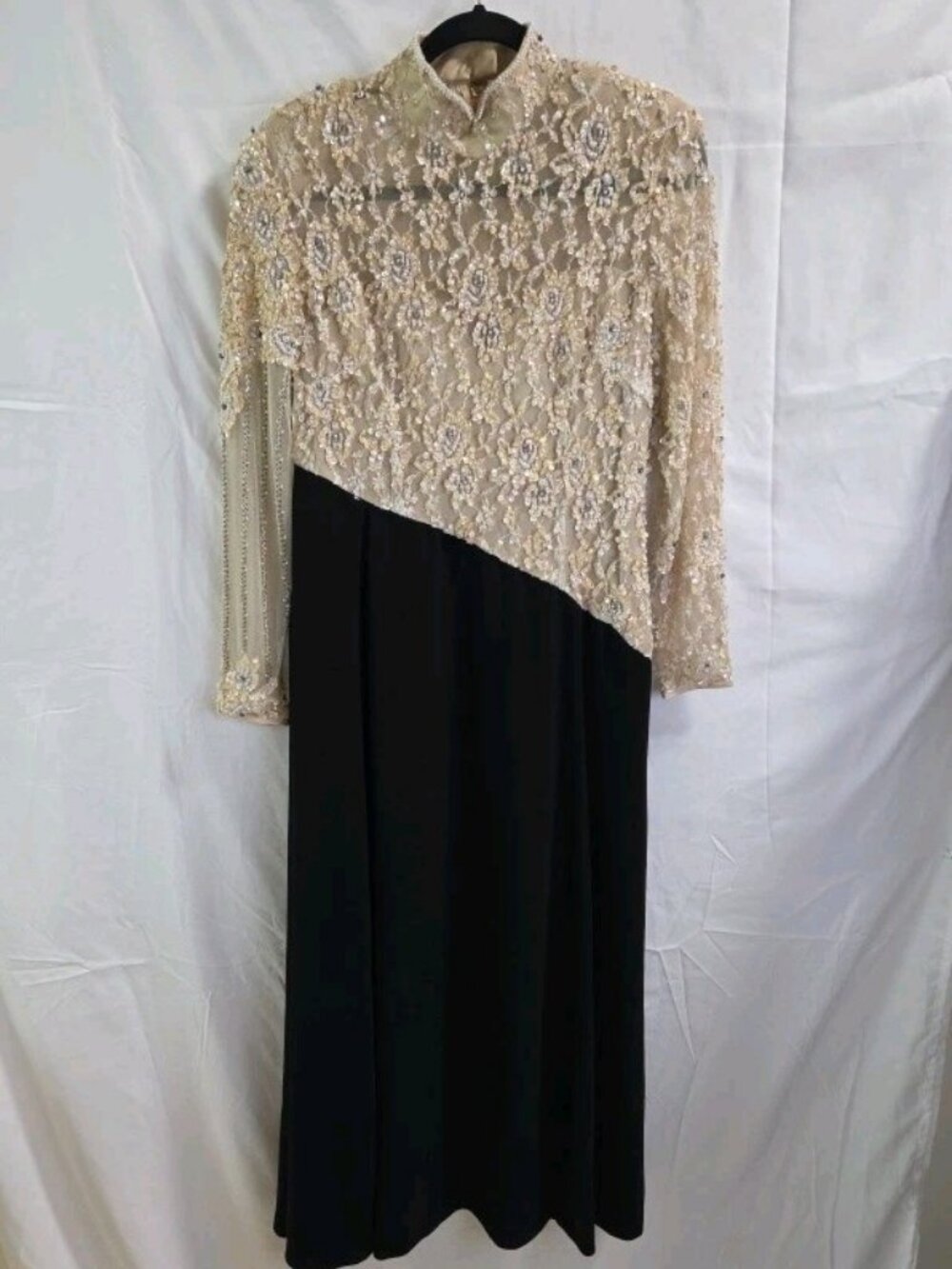 Sherri Hill Tan Sequin Floral Top Black Long Sleeve Gown Chocker Dress Sz 14